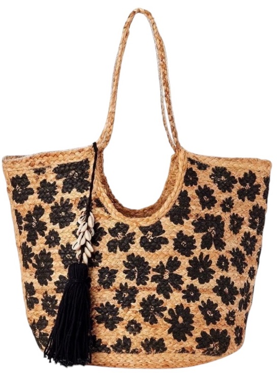 Handbags - Large Tan & Black Woven floral Jute Floral Bag w/black tassel cowrie shells.